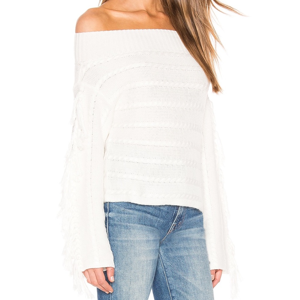LOVERS + FRIENDS Boho Cream Off-the-Shoulder Sweater w Fringe Sleeves